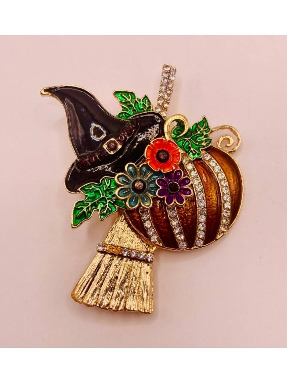 Halloween Witch Hat Pumpkin Broom Rhinestone Brooch Pin -40B